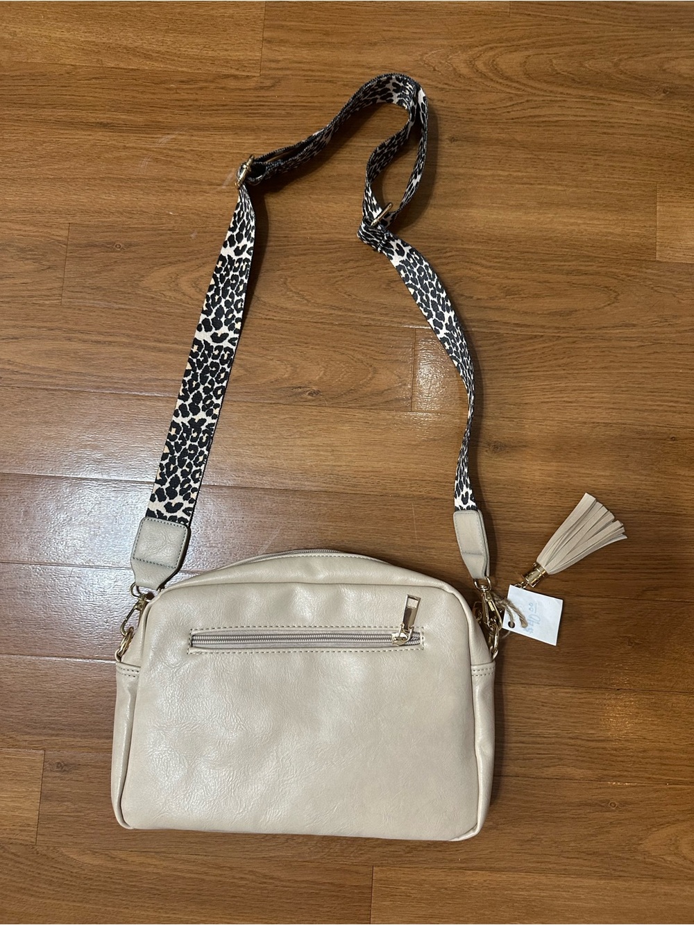 Cream Crossbody Bag with Leopard-Print Strap